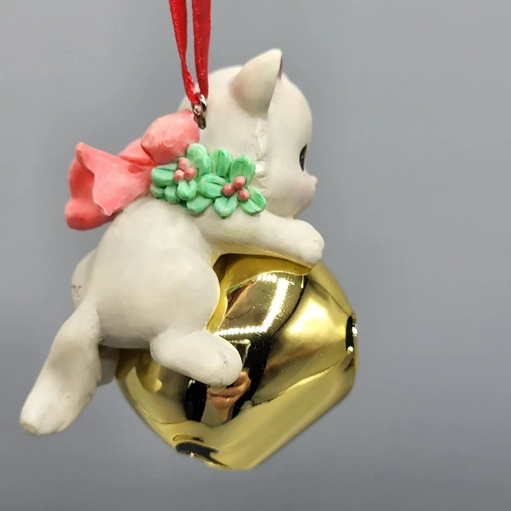 Vintage Precious Moments Cat Jingle Bell Ornament 2006 Kitten Pink Bow White